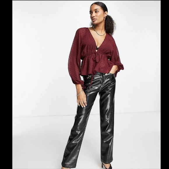 NWOT Asos Burgundy Sheer Tie Front Blouse - Picture 4 of 10